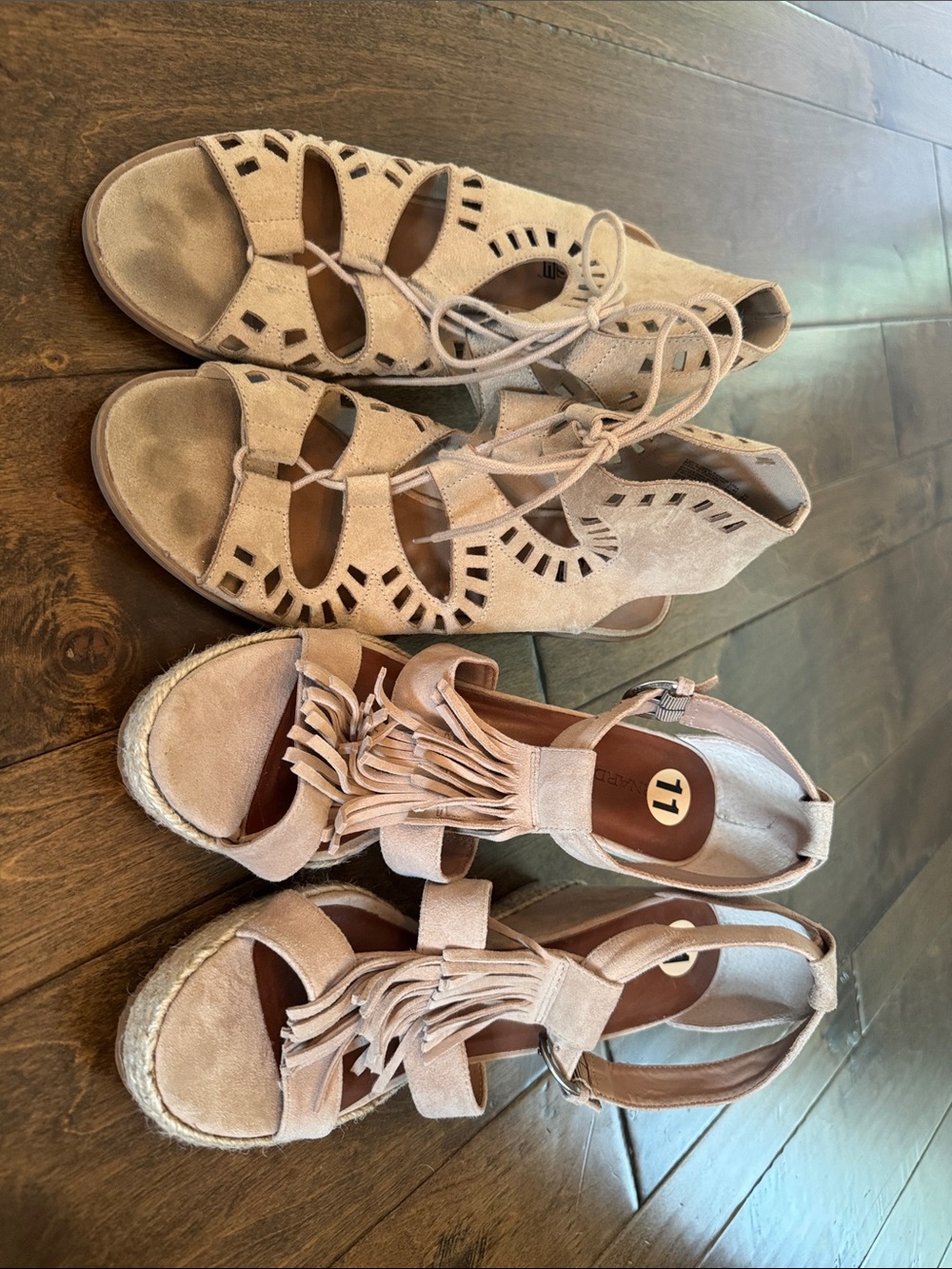 2 Pack Women's Taupe Suede Sandals - Fringe and Lace-Up Styles Size 11